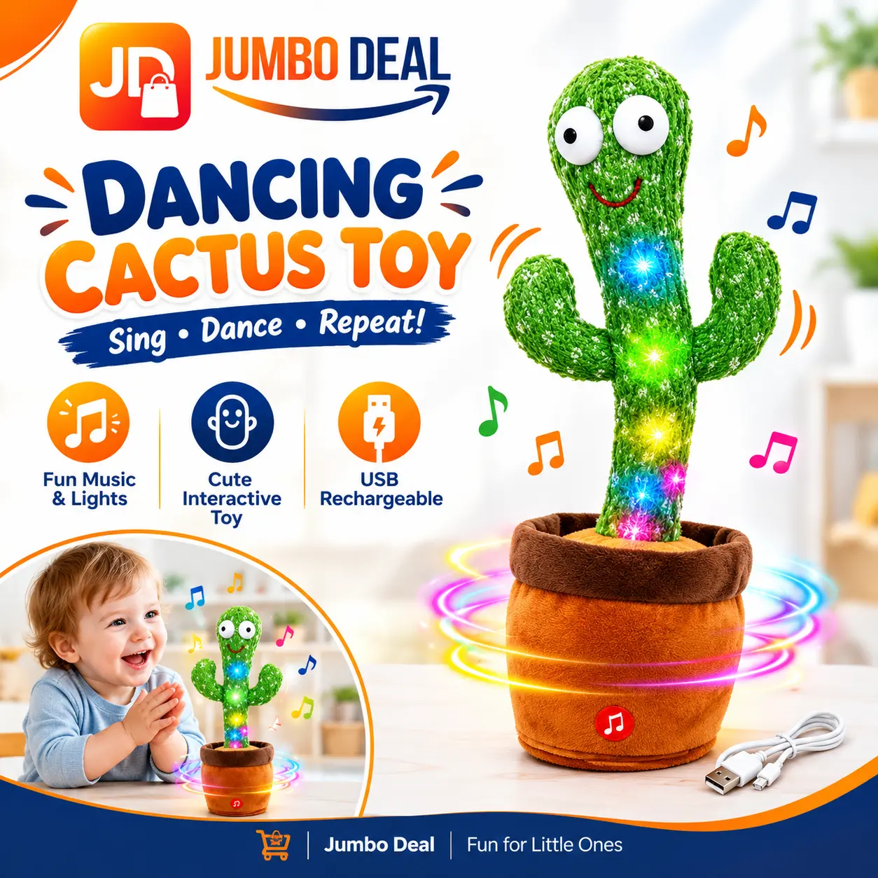 Rechargeable Electronic Dancing & Singing Cactus Toy with LED Lights – Jumbo Deal
