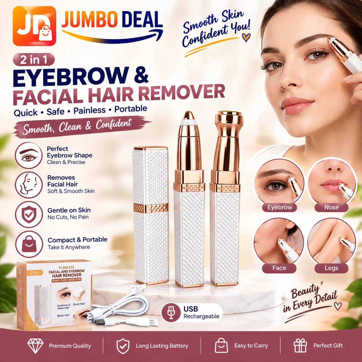 2-in-1 Rechargeable Facial & Eyebrow Hair Remover Trimmer Kit – Jumbo Deal