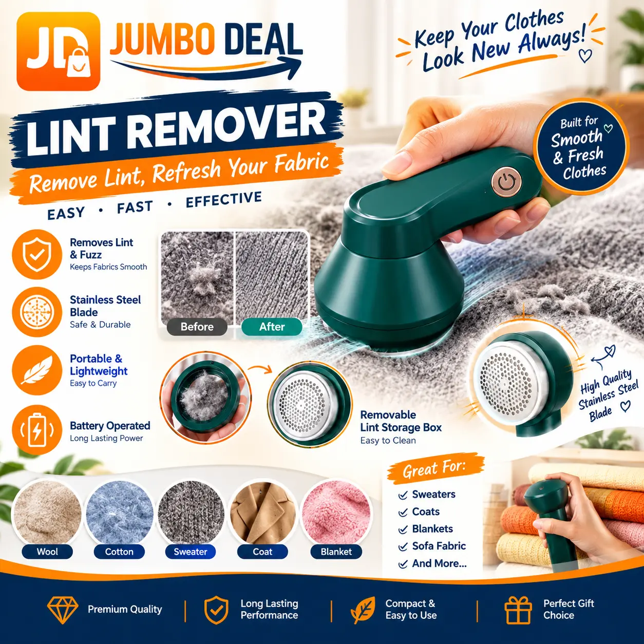 Rechargeable Electric Lint Remover & Clothes Fabric Fuzz Trimmer – Jumbo Deal