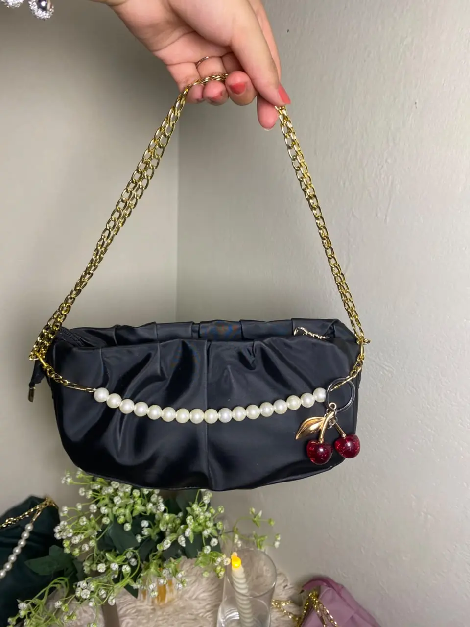Beautiful trendy Pearl Bag with Cherry🍒 bag Charm