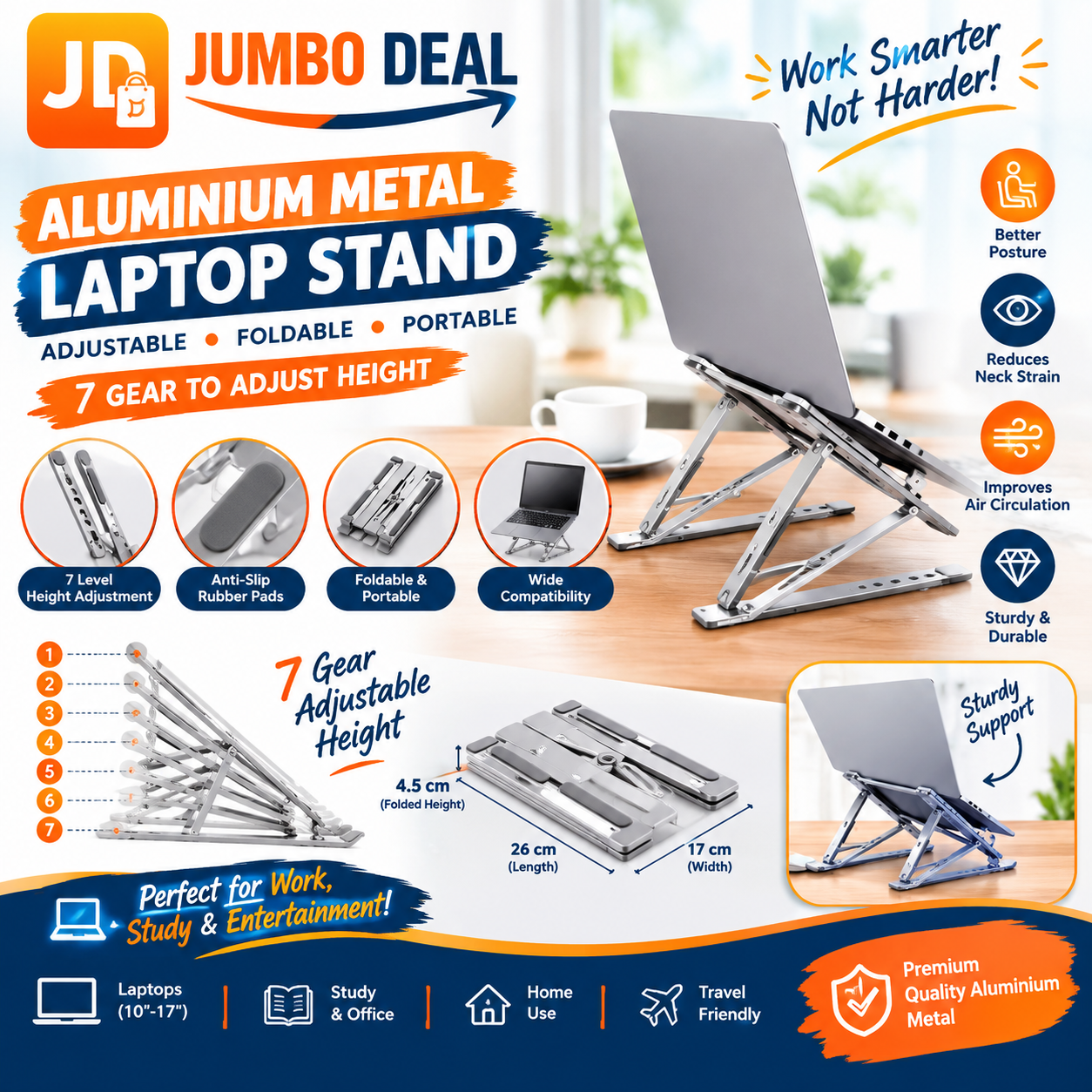 Aluminium Metal Foldable Laptop Stand 7-Gear Height Adjustable Holder – Jumbo Deal